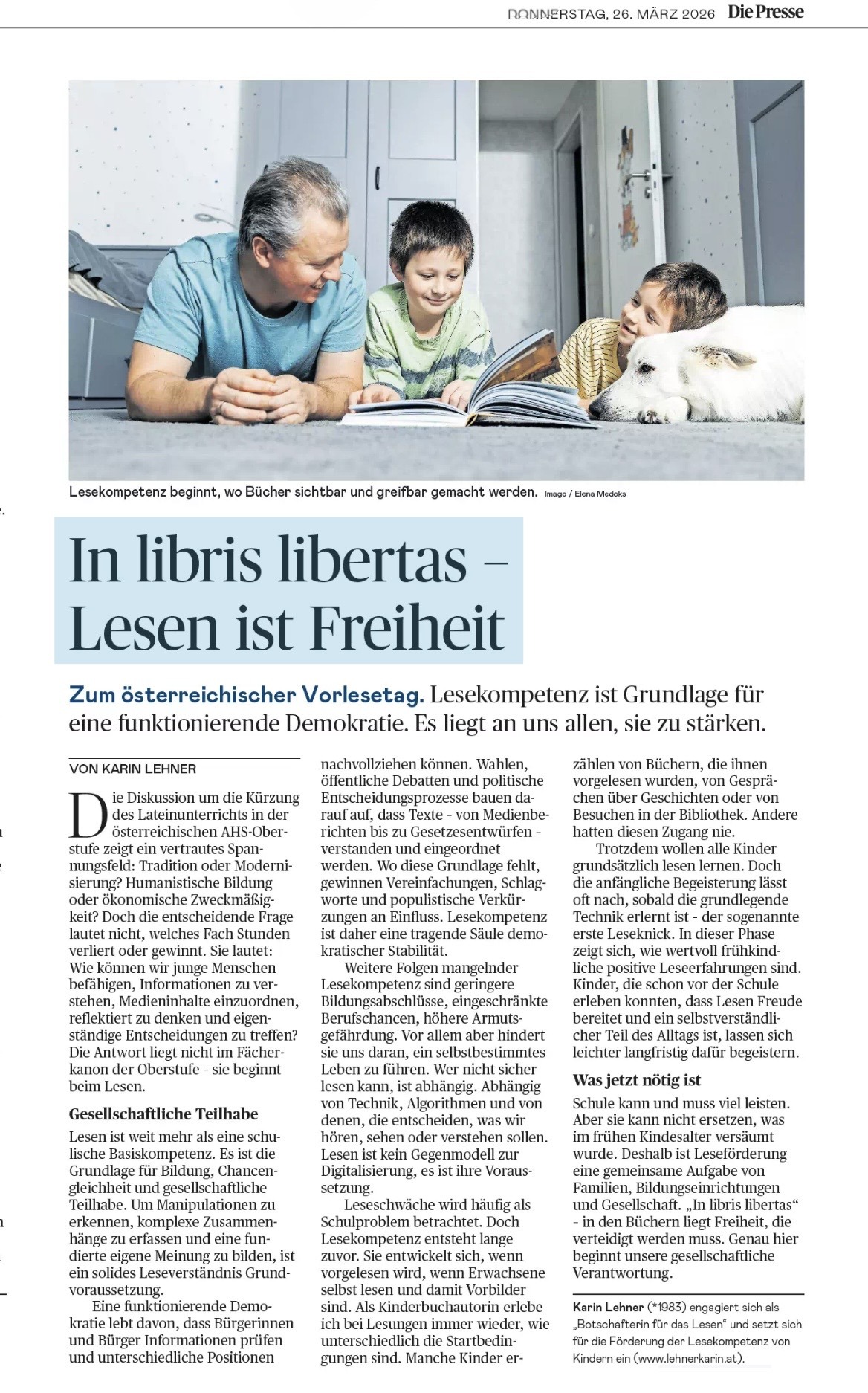 Beitrag „In libris libertas – Lesen ist Freiheit“ von Karin Lehner in der Tageszeitung "Die Presse"