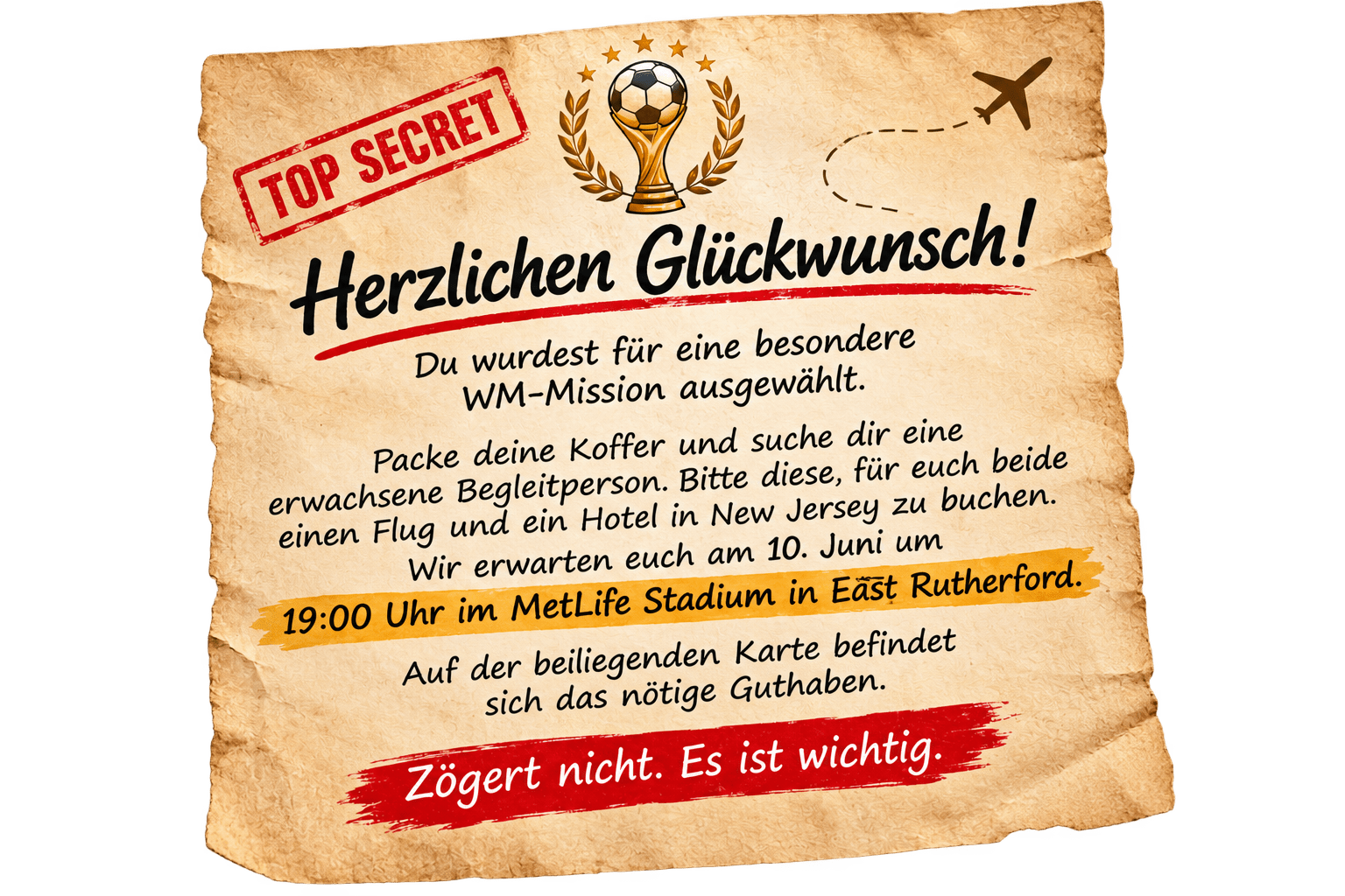 Brief mit geheimer Botschaft aus der „Mission WM-Pokal“ - Die große Fußball-WM-Lese-Challenge für Kinder ab 8 Jahren
