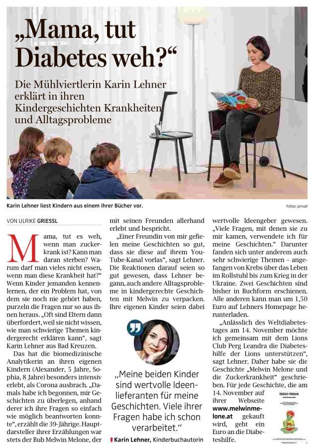 Bericht über Karin Lehners Kindergeschichte zum Thema Diabetes anlässlich des Weltdiabetestages