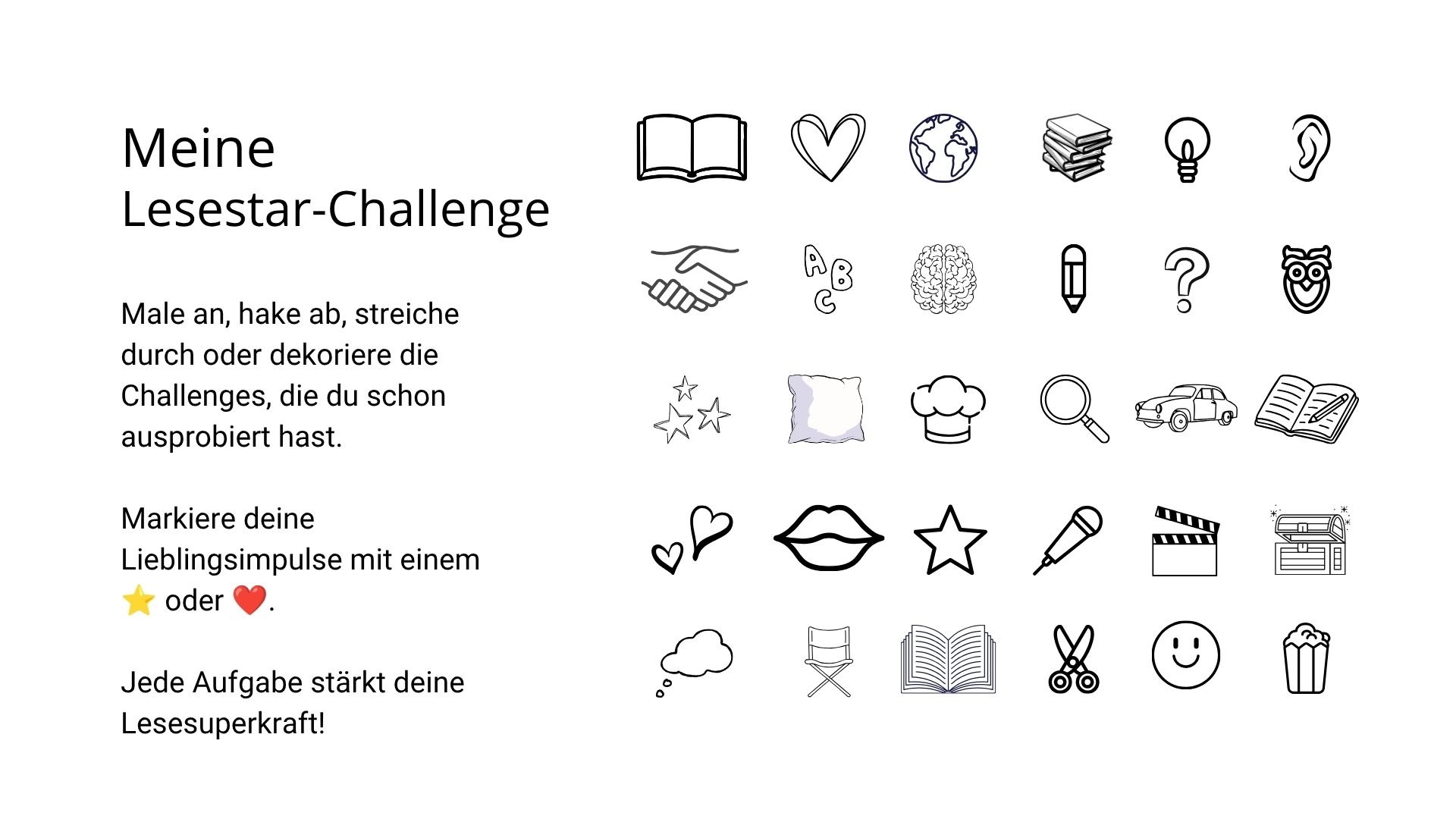 Lesestar-Challenge für Kinder mit Symbolen zum Abhaken und Ausmalen