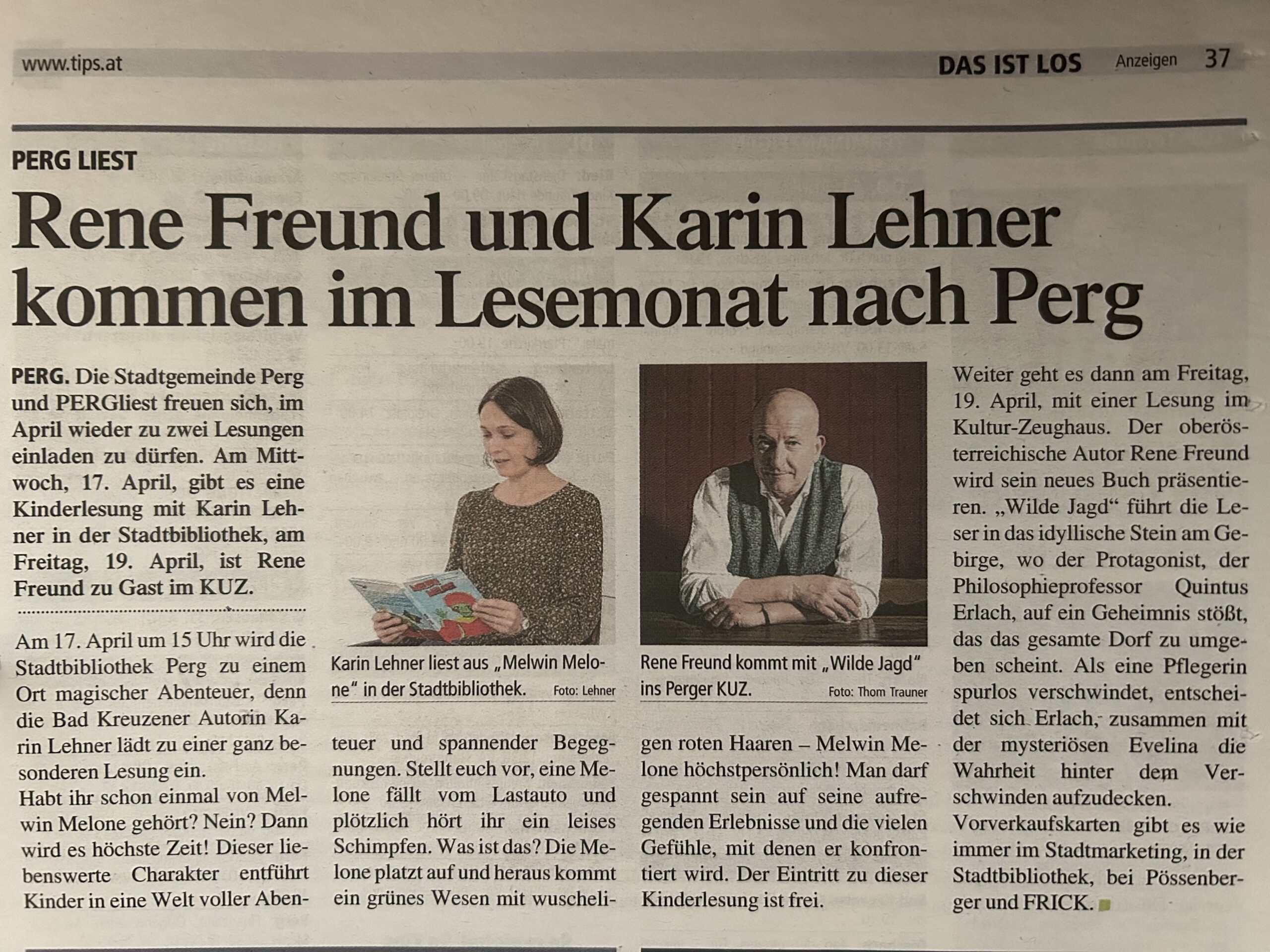 Bericht über die bevorstehenden Lesungen von Rene Freund und Karin Lehner in Perg im Lesemonat.