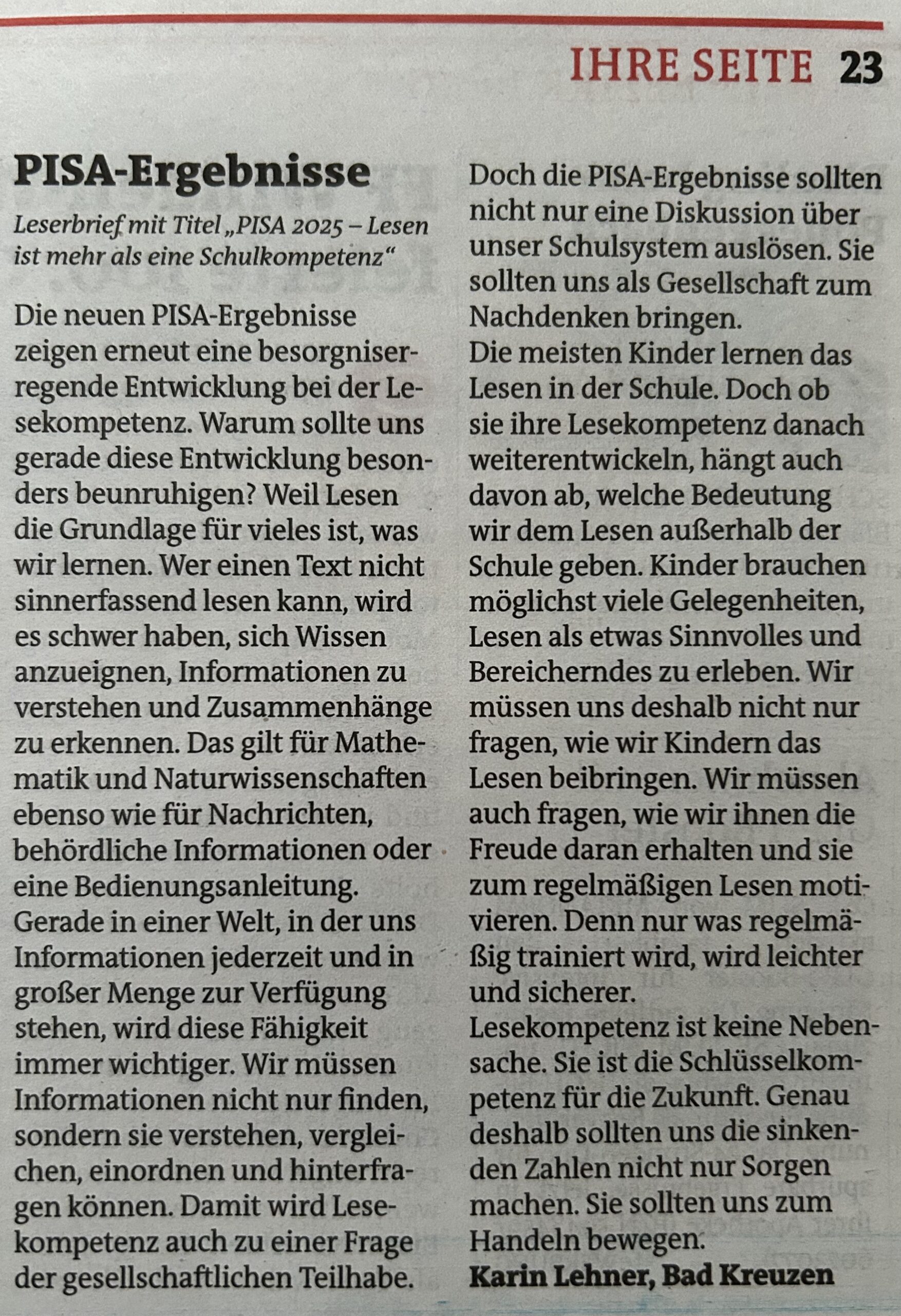 Leserbrief von Karin Lehner zu den PISA-Ergebnissen 2025 in der Bezirksrundschau