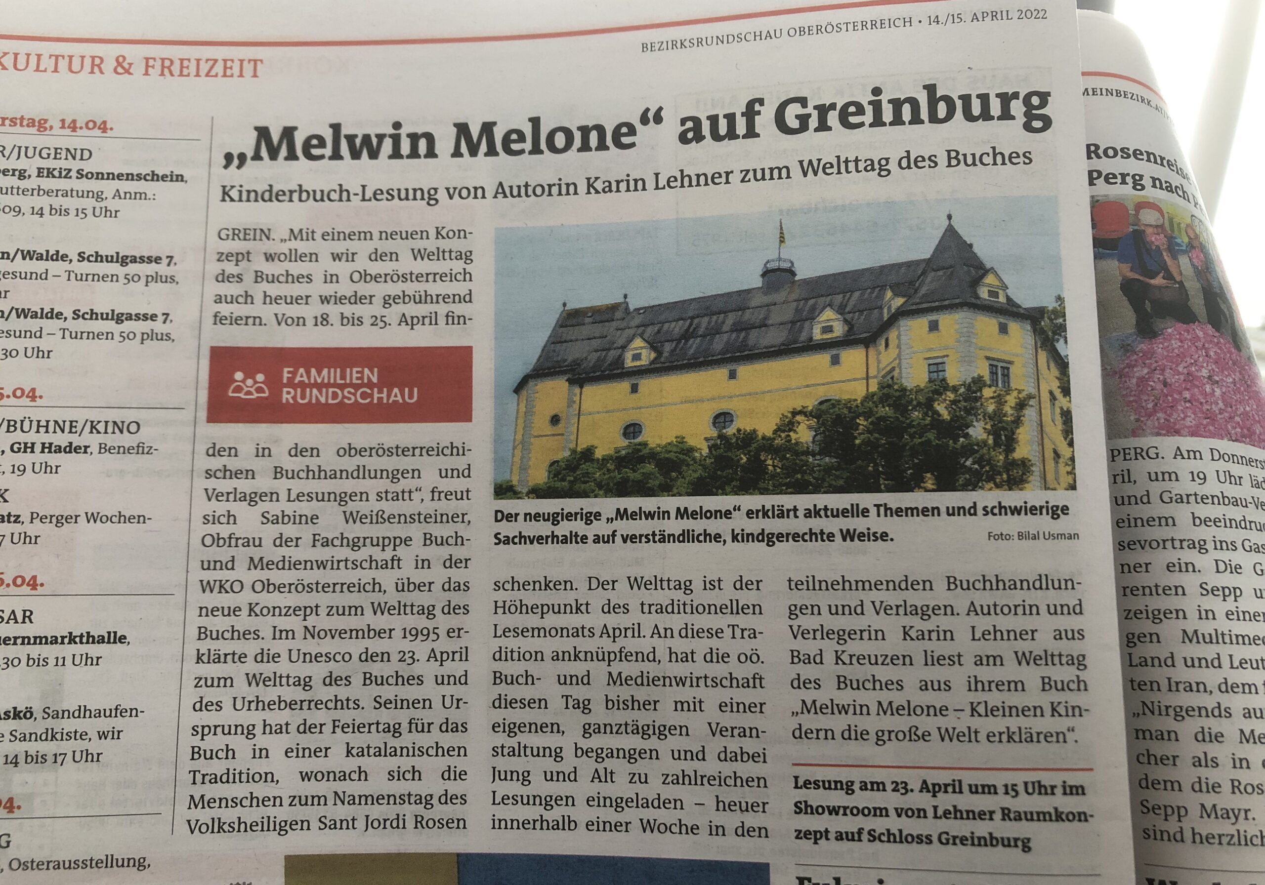 Ankündigung von Karin Lehners Lesung mit Melwin Melone auf der Greinburg