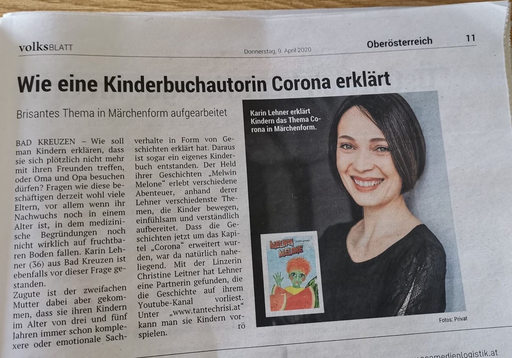 Pressebericht über Kinderbuchautorin Karin Lehner und ihrer Geschichte über das Coronavirus für Kinder